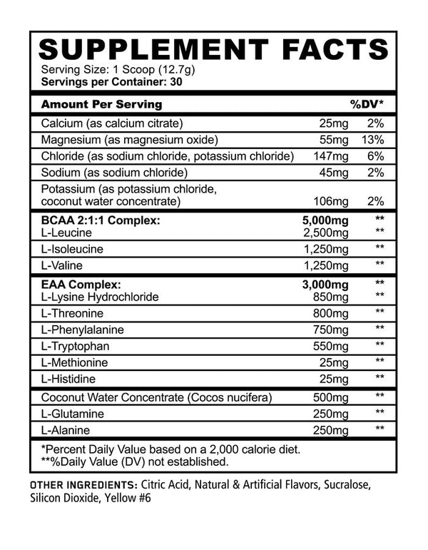 Supplement Facts Panda Recover BCAA+EAA+Hydration 30srv. Hydration, Recovery and Endurance, Stim-Free.