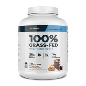 Chocolate Peanut Butter flavor of 100% Grass-fed Whey Protein Isolate 28g of Protein per serving, 4lbs from Transparent Labs