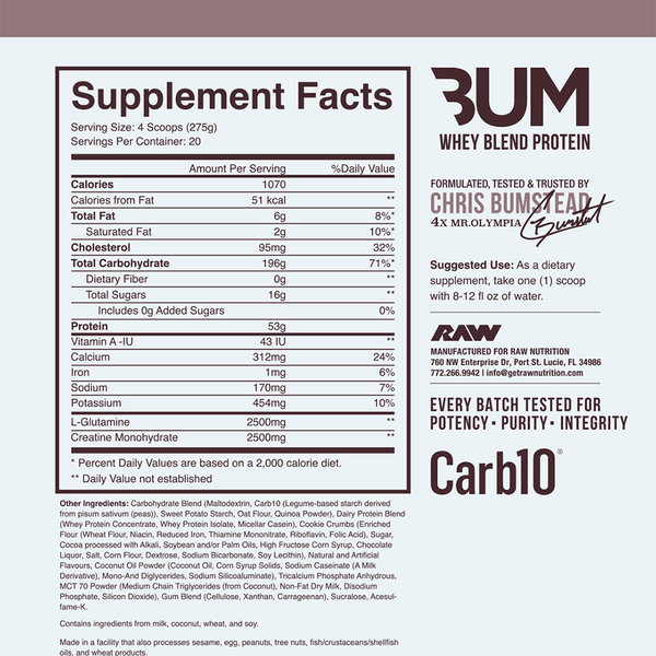 Supplement Facts Raw C-Bum Mass Gainer 12lb
