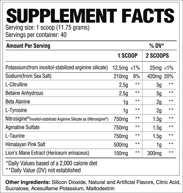 Supplement Facts Raw Pump Non-Stim Pre-workout 40srv.