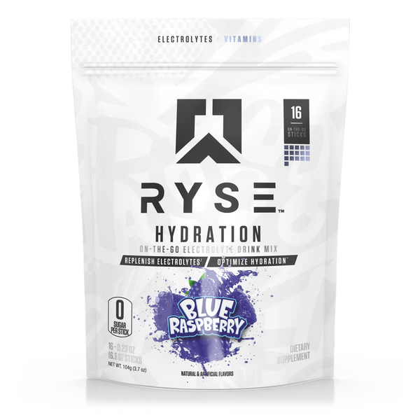Blue Raspberry flavor, Ryse Hydration Sticks 16pk, on-the-go electrolyte drink mix, replenish electrolytes, optimize hydration, 0 sugar per stick