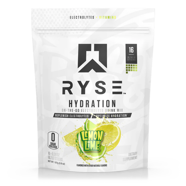 Lemon Lime flavor, Ryse Hydration Sticks 16pk, on-the-go electrolyte drink mix, replenish electrolytes, optimize hydration, 0 sugar per stick