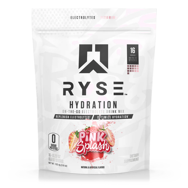 Pink Splash flavor, Ryse Hydration Sticks 16pk, on-the-go electrolyte drink mix, replenish electrolytes, optimize hydration, 0 sugar per stick