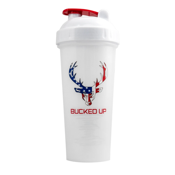 Bucked Up Shaker patriotic design with  white and red lid
