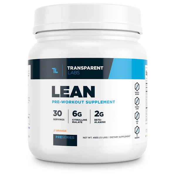 Lean Pre-workout supplement in Orange flavor 30srv from Transparent Labs