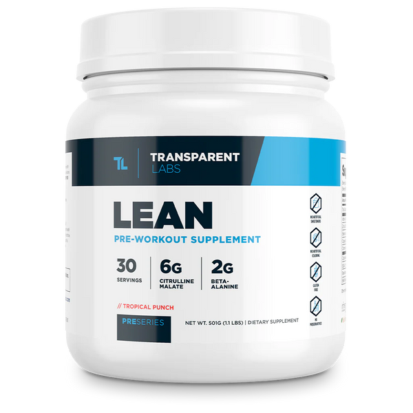 Lean Pre-workout supplement in Tropical Punch flavor 30srv from Transparent Labs