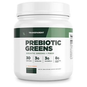 Peach Mango flavored Transparent Labs Prebiotic Greens 30srv, aquatic greens + fiber, wellness series