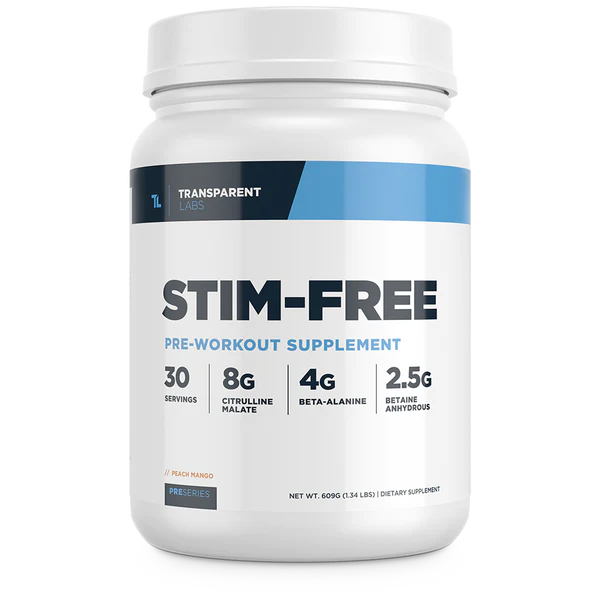 Peach Mango flavored Stim-Free 30srv, Transparent Labs, pre-workout supplement, 4g Beta-Alanine