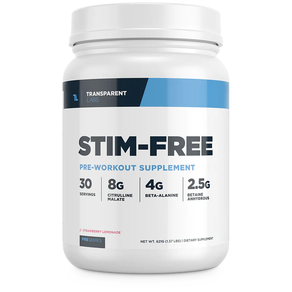 Strawberry Lemonade flavored Stim-Free 30srv, Transparent Labs, pre-workout supplement, 4g Beta-Alanine