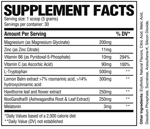Supplement Facts Raw Sleep 30srv. Complete Sleep Formula