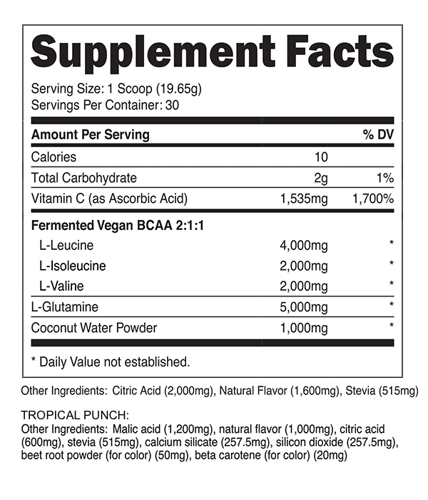 Supplement Facts for BCAA Glutamine Transparent Labs