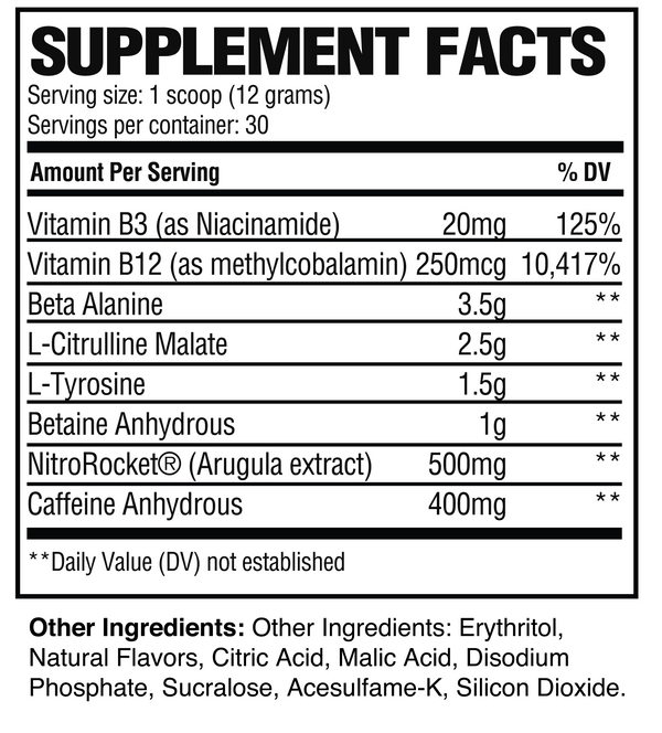 Supplement Facts Raw Pre Extreme 30srv, 400MG Caffeine per serving.