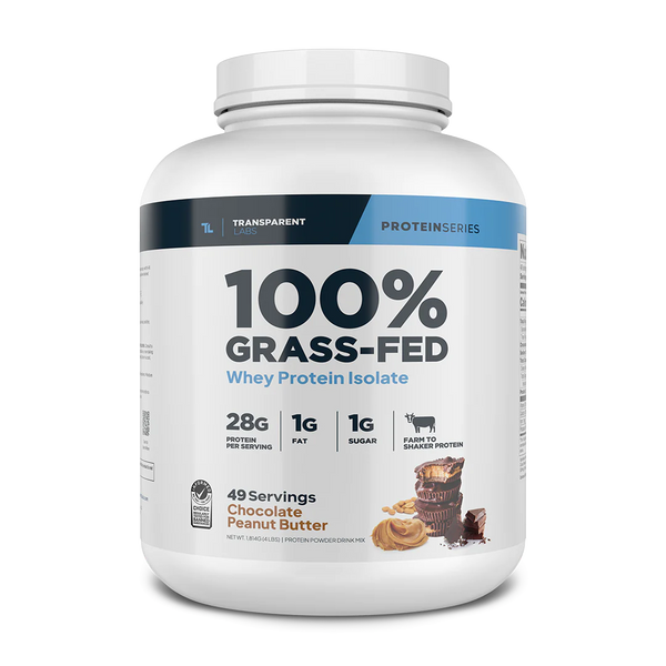 Chocolate Peanut Butter flavor of 100% Grass-fed Whey Protein Isolate 28g of Protein per serving, 4lbs from Transparent Labs
