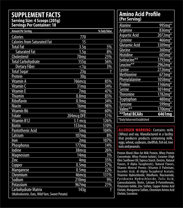 Supplement Facts Titan Nutrition Hero Mass-Gainer 8lb. 