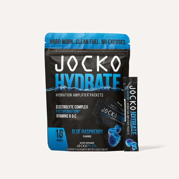 Jocko Hydrate 16pk. Hydration amplifier packets, Electrolyte complex, Fast Hydration*, Vitamins B & C. Blue Raspberry flavored