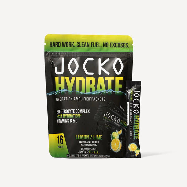 Jocko Hydrate 16pk. Hydration amplifier packets, Electrolyte complex, Fast Hydration*, Vitamins B & C. Lemon Lime flavored