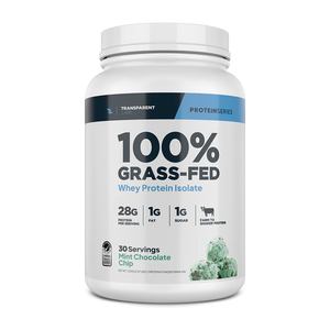 Mint Chocolate Chip flavor of 100% Grass-fed Whey Protein Isolate 28g of Protein per serving, 30srv from Transparent Labs