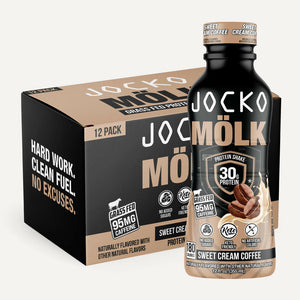 Jocko Molk RTD 12ct. Protein shake. Grass Fed 95MG Caffeine, no added sugars, keto friendly, no artificial colors. Sweet Cream Coffee flavor