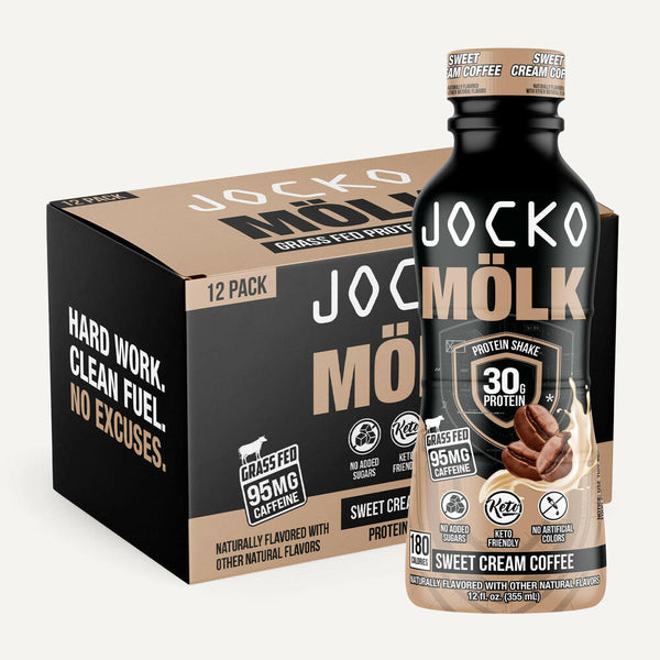 Jocko Molk RTD 12ct. Protein shake. Grass Fed 95MG Caffeine, no added sugars, keto friendly, no artificial colors. Sweet Cream Coffee flavor