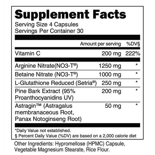 Supplement Facts for Transparent Labs Nitric Oxide 120Caps, clinically dosed nitric oxide activator*