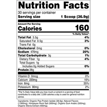 Supplement Facts for 100% Pea Protein Plant Based Protein Isolate 30srv from Transparent Labs, 28g protein per serving
