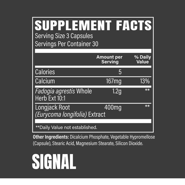 Supplement Facts Raw Signal 90Caps. TESTOSTERONE BOOSTER WITH FADOGIA AGRESTIS
