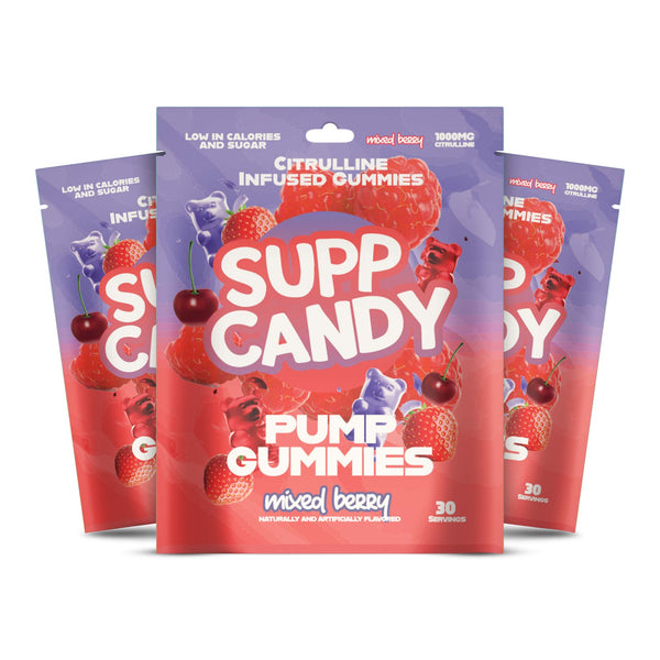 3-pack Supp Candy Pump Gummies packaging with mixed berry flavor on a white background