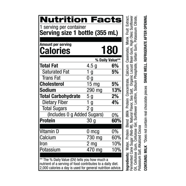 Supplement Facts Jocko Molk RTD 12ct. Protein shake. Grass Fed 95MG Caffeine, no added sugars, keto friendly, no artificial colors. 