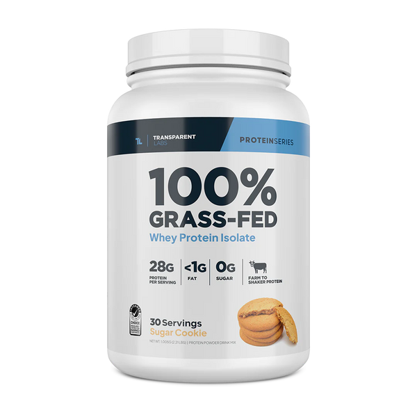 Sugar Cookie flavor of 100% Grass-fed Whey Protein Isolate 28g of Protein per serving, 30srv from Transparent Labs
