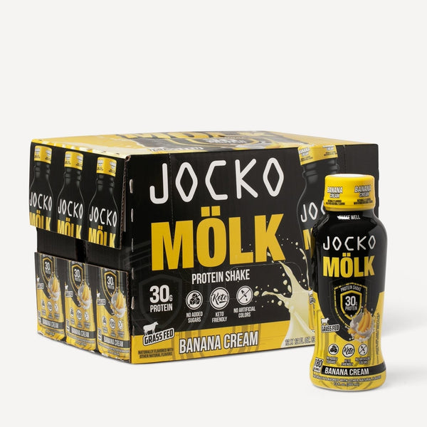 Jocko Molk RTD 12ct. Protein shake. Grass Fed 95MG Caffeine, no added sugars, keto friendly, no artificial colors. Banana Cream flavor