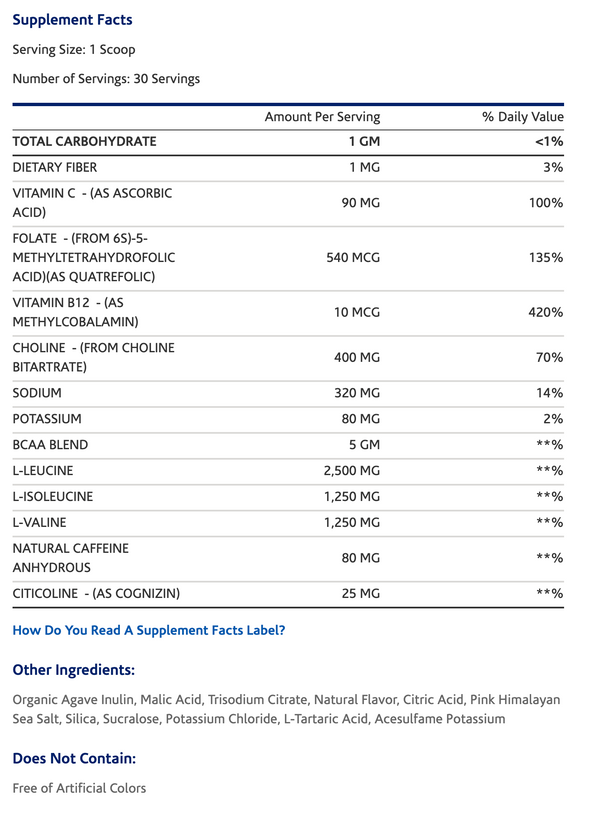 Supplement Facts Ryse BCAA Focus 30srv, 2:1:1 BCAA ratio, cognizin, caffeine, element series