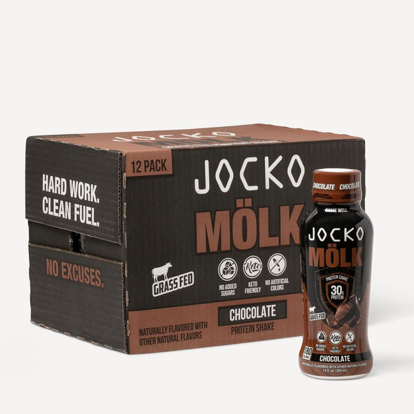 Jocko Molk RTD 12ct. Protein shake. Grass Fed 95MG Caffeine, no added sugars, keto friendly, no artificial colors. Chocolate flavor