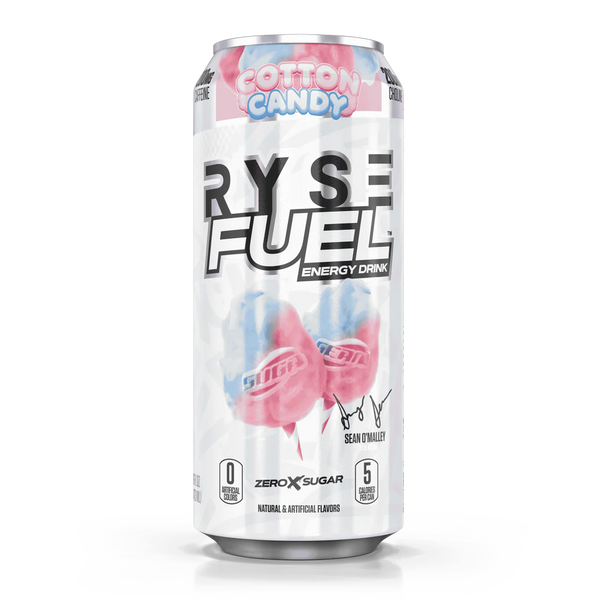 RYSE Fuel Energy Drink Sean O'Malley in Cotton Candy flavor, featuring 0 calories and 200 mg of natural caffeine per serving, Zero Sugar
