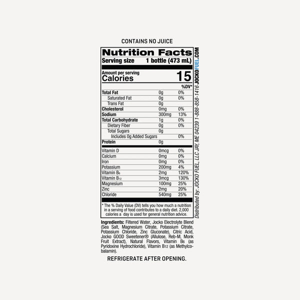 Supplement Facts Jocko Hydrate RTD 12pk. Electrolyte drink.