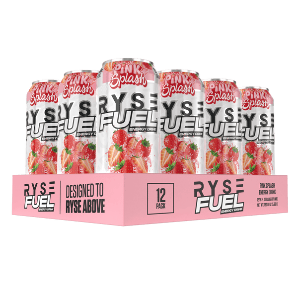 RYSE Fuel Energy Drink in Pink Splash flavor, featuring 0 calories and 200 mg of natural caffeine per serving, Zero Sugar