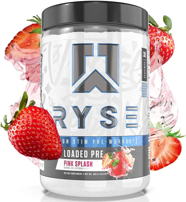 Ryse Loaded Pre 30srv, Pink Splash Flavor, natural and artificial flavor, high stim pre-workout