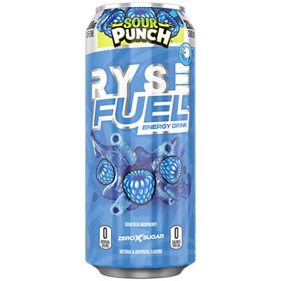 RYSE Fuel Energy Drink in Sour Punch Blue Raspberry flavor, featuring 0 calories and 200 mg of natural caffeine per serving, Zero Sugar