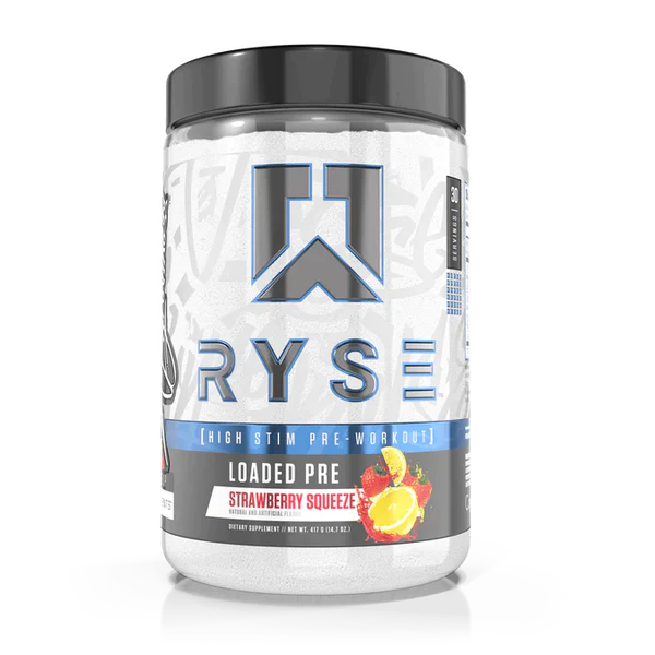 Ryse Loaded Pre 30srv, Strawberry Squeeze Flavor, natural and artificial flavor, high stim pre-workout