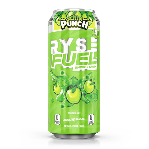 RYSE Fuel Energy Drink in Sour Punch Sour Green Apple flavor, featuring 0 calories and 200 mg of natural caffeine per serving, Zero Sugar