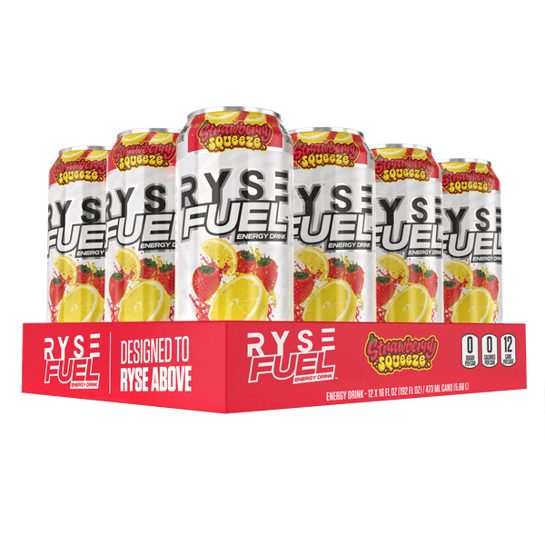 RYSE Fuel Energy Drink in Strawberry Squeeze flavor, featuring 0 calories and 200 mg of natural caffeine per serving, Zero Sugar