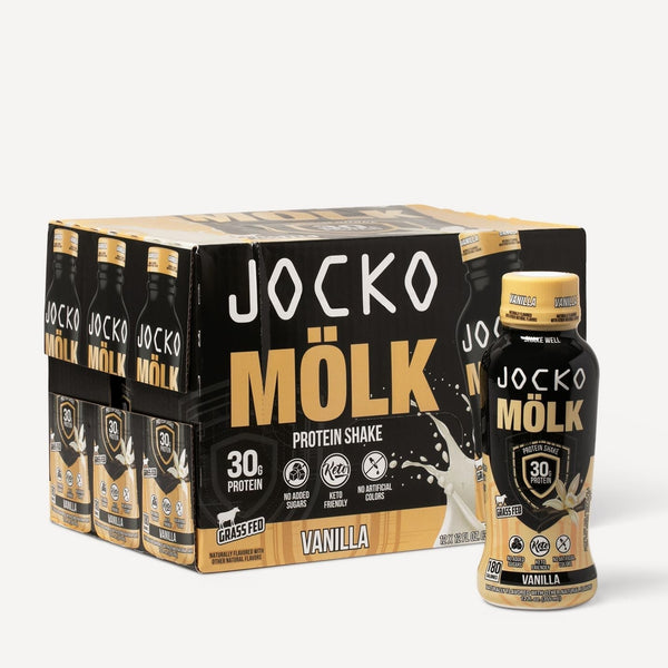 Jocko Molk RTD 12ct. Protein shake. Grass Fed 95MG Caffeine, no added sugars, keto friendly, no artificial colors. Vanilla flavor