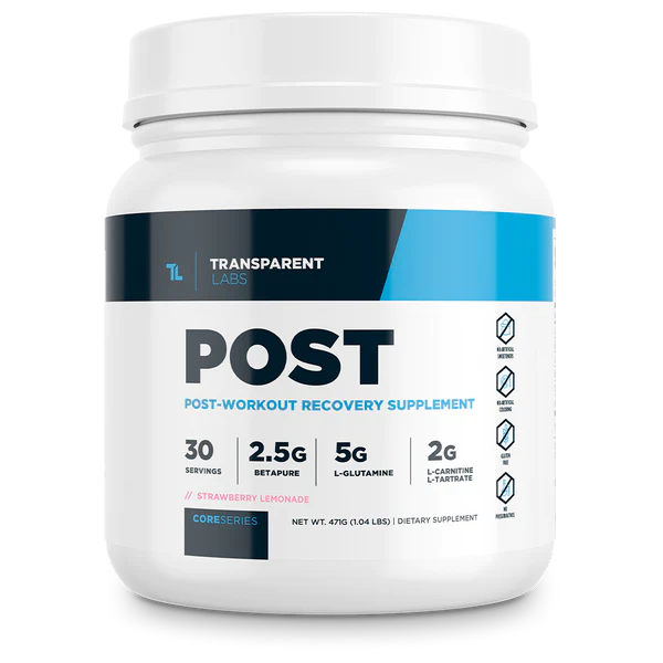 Strawberry Lemonade flavored Transparent Labs Post Workout 30srv, Post-workout recovery supplement, core series