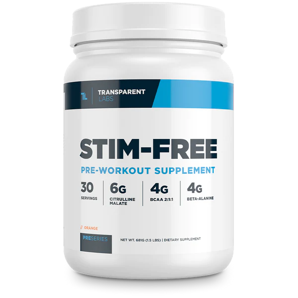 Orange flavored Stim-Free 30srv, Transparent Labs, pre-workout supplement, 4g Beta-Alanine