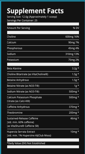 Supplement Facts Ryse Project: Blackout Pre-Workout 25srv, flavor