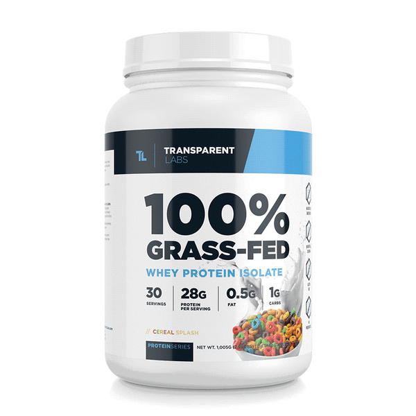 Cereal Splash flavor of 100% Grass-fed Whey Protein Isolate 28g of Protein per serving, 30srv from Transparent Labs