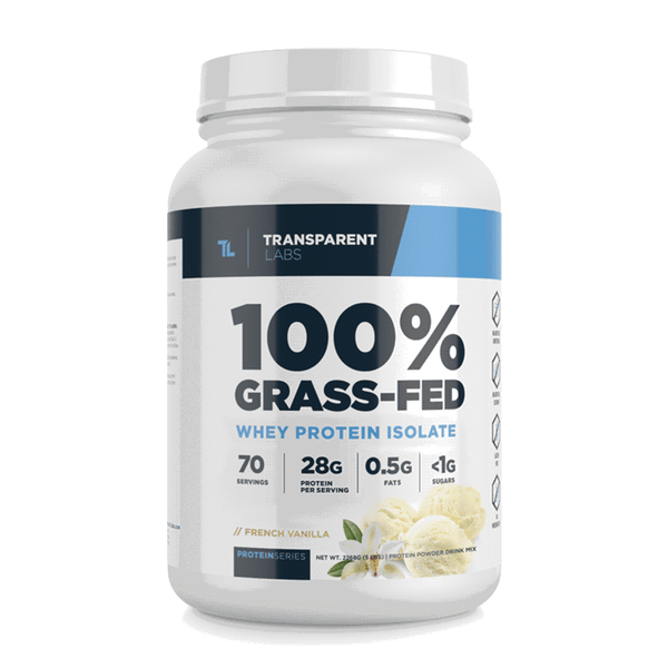 French Vanilla flavor of 100% Grass-fed Whey Protein Isolate 28g of Protein per serving, 30srv from Transparent Labs