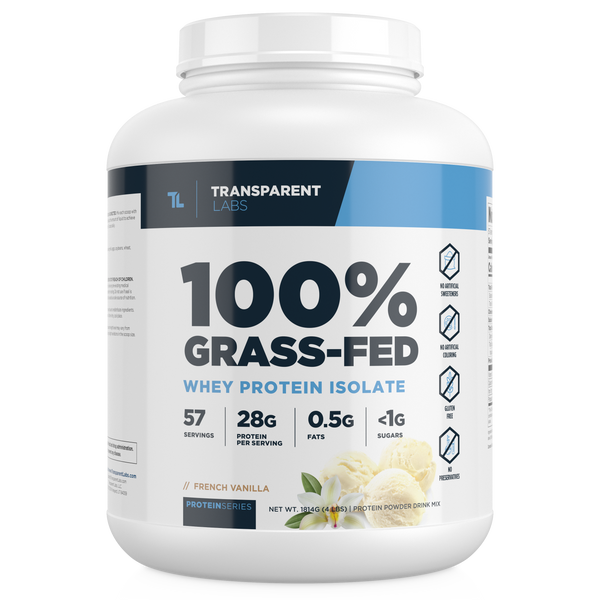 French Vanilla flavor of 100% Grass-fed Whey Protein Isolate 28g of Protein per serving, 4lbs from Transparent Labs