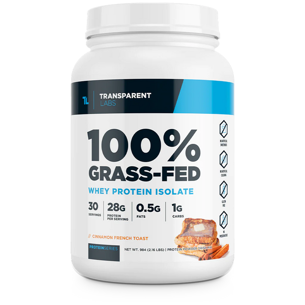 Cinnamon French Toast flavor of 100% Grass-fed Whey Protein Isolate 28g of Protein per serving, 30srv from Transparent Labs