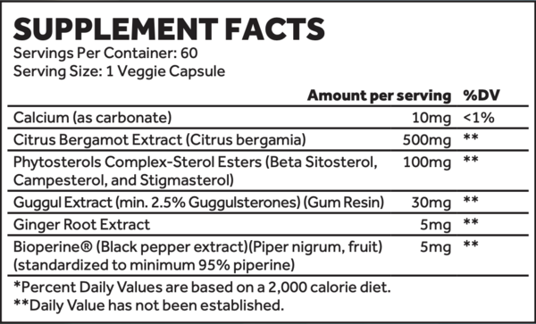 Supplement Facts Project AD Life Citrus Bergamot 60Caps.