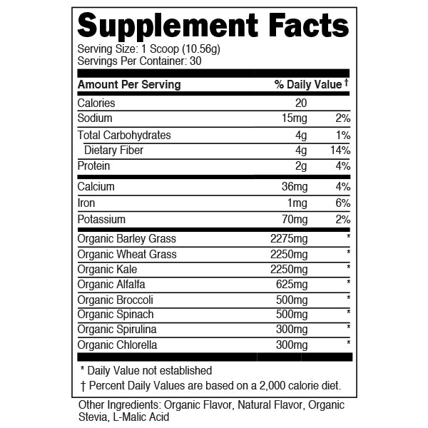 Supplement Facts Bucked Up Organic Greens 30srv